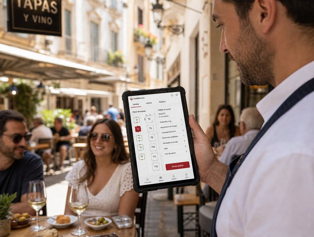 Camarero atendiendo en la terraza de un bar de tapas en el Centro Histórico de Málaga con un comandero móvil