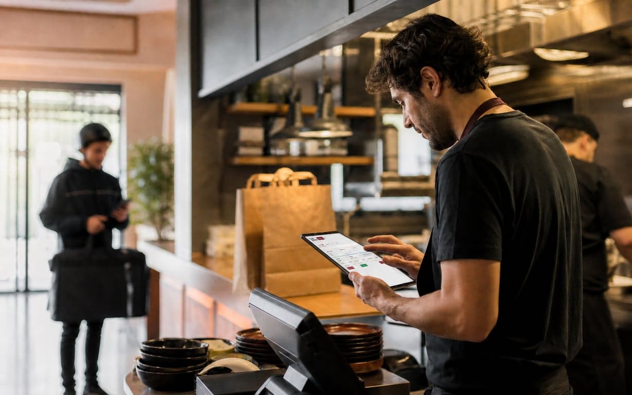 Cuina de restaurant coordinant una comanda de delivery