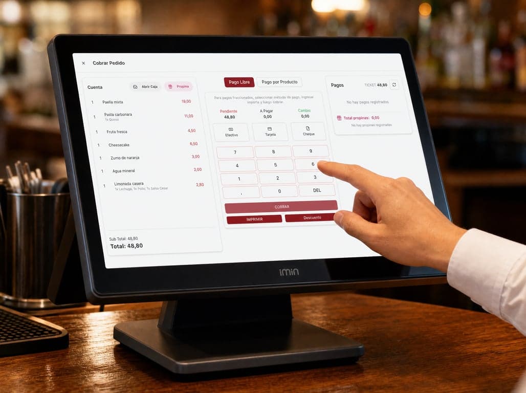 Camarero usando un TPV táctil en un restaurante