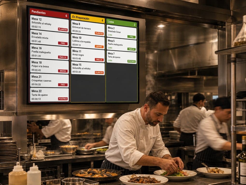 Pantalla de cocina (KDS) en un restaurante de Málaga mostrando comandas en tiempo real con platos malagueños