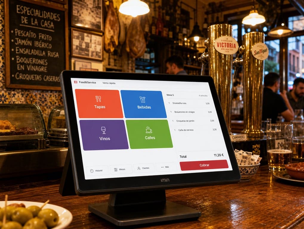 TPV táctil tablet en la barra de un bar de tapas malagueño con productos de la carta visibles