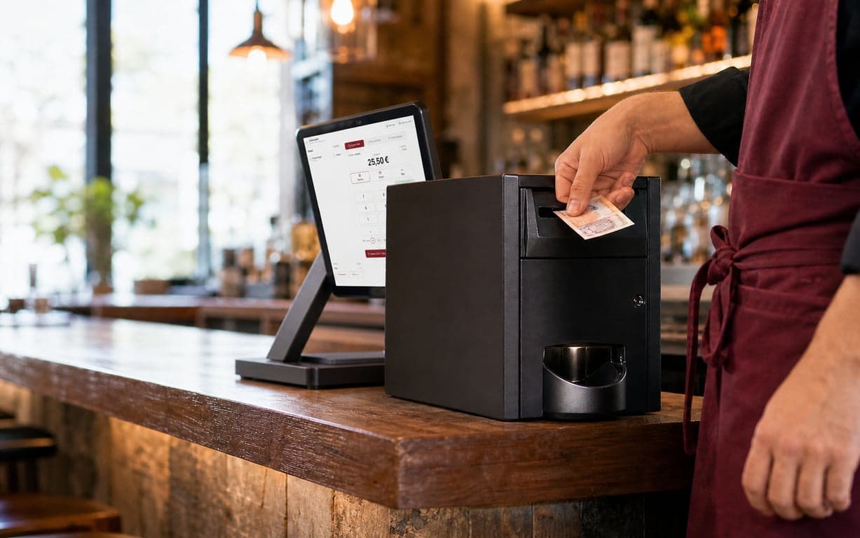 Membre du personnel insérant des espèces dans un tiroir-caisse intelligent