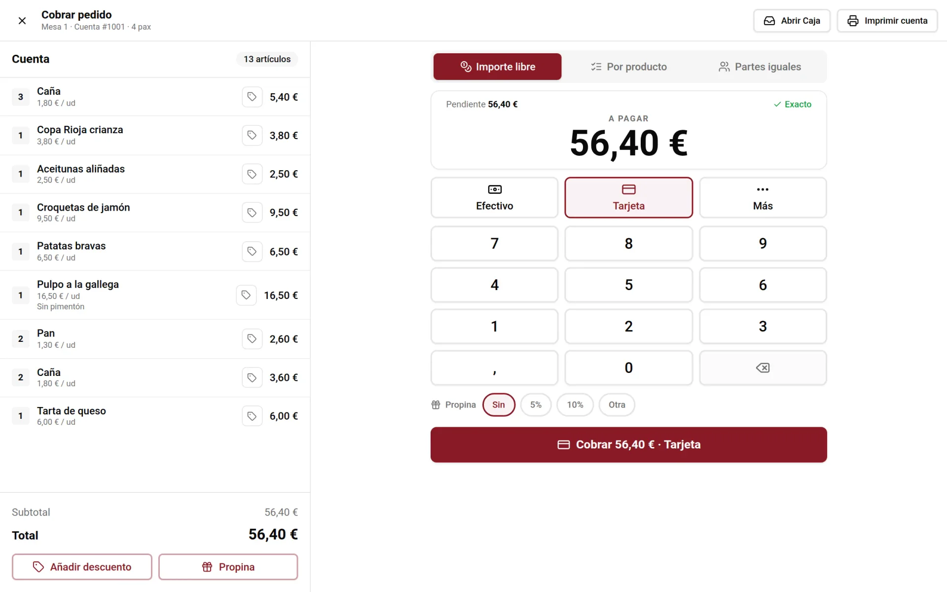 Cobro de una mesa en el TPV de Food&Service: en efectivo o con tarjeta, dividiendo la cuenta por producto o a partes iguales, con propina o con un descuento.
