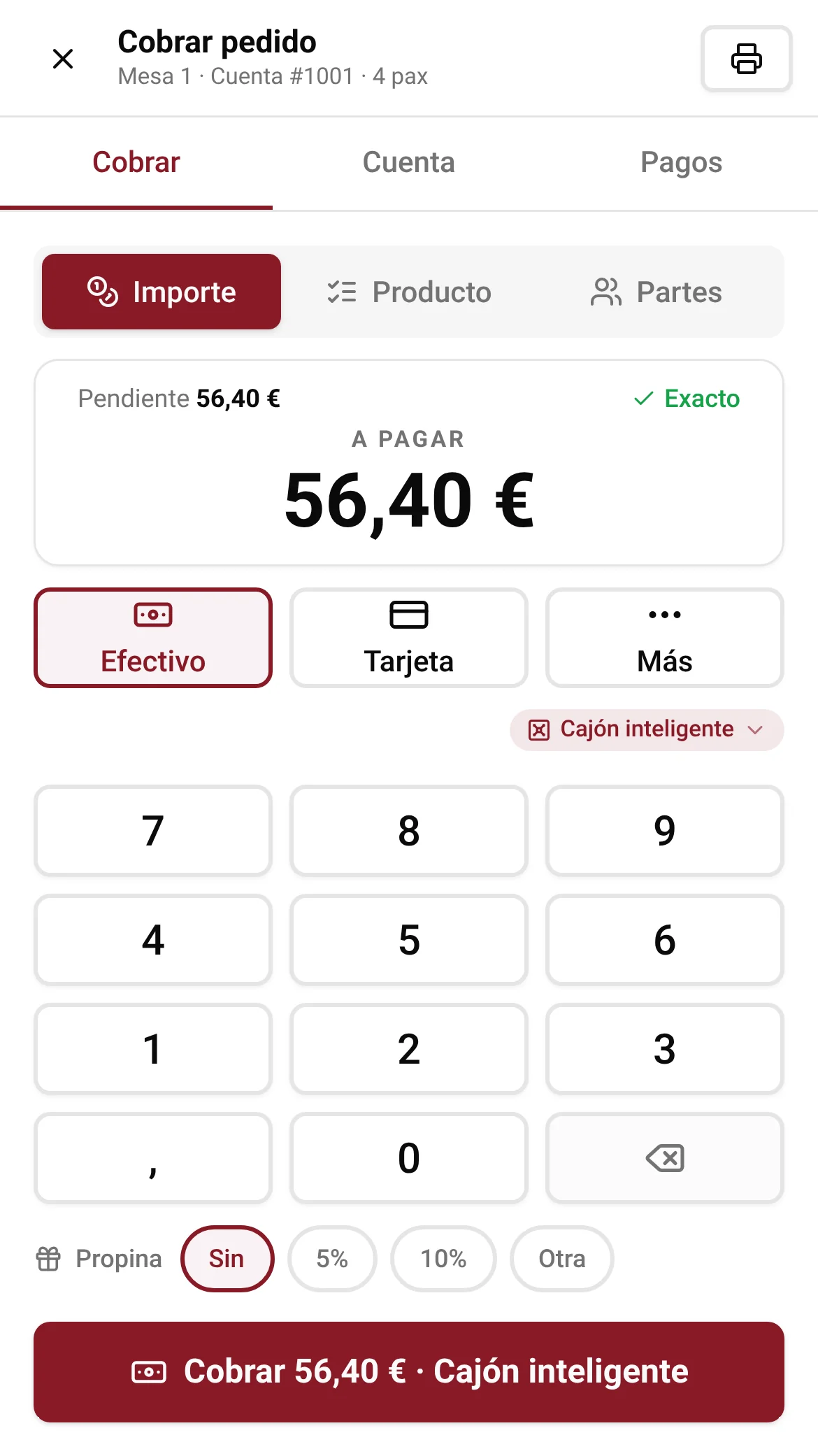 Pantalla de cobro del TPV en un móvil: mesa 1, 56,40 €, Efectivo y el botón «Cobrar 56,40 € · Cajón inteligente».