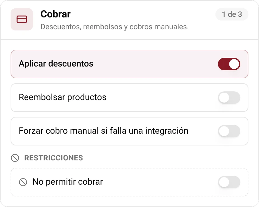 Permisos de una persona del equipo en el TPV, con «Forzar cobro manual si falla una integración» desactivado.