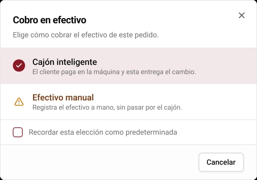 Ventana «Cobro en efectivo» del TPV: Cajón inteligente (el cliente paga en la máquina y esta entrega el cambio) o Efectivo manual.
