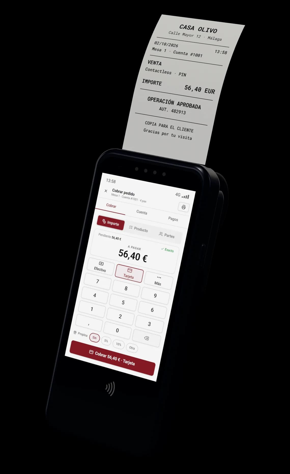 Un terminal de paiement portable avec imprimante et la caisse Food&Service à l’écran, avec la commande de la table 1, et le ticket tout juste imprimé qui sort par le haut