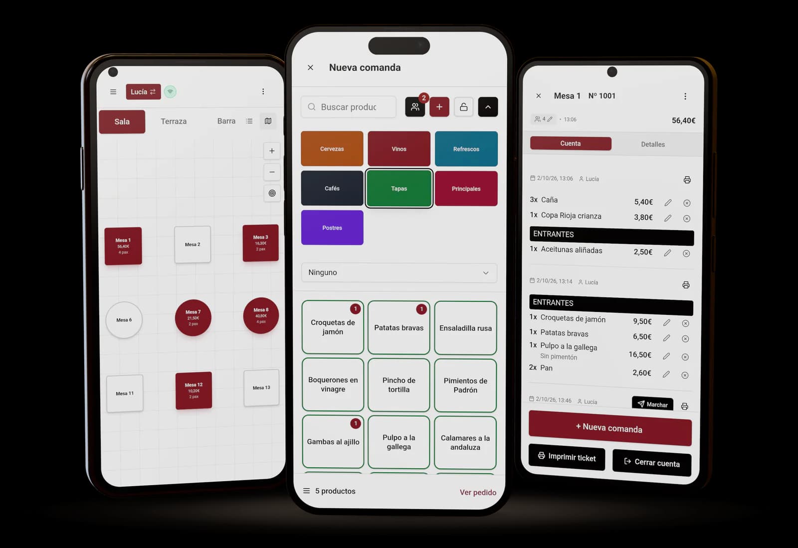 El comandero de Food&Service en tres móviles: el plano de la sala, la comanda de una mesa y la cuenta