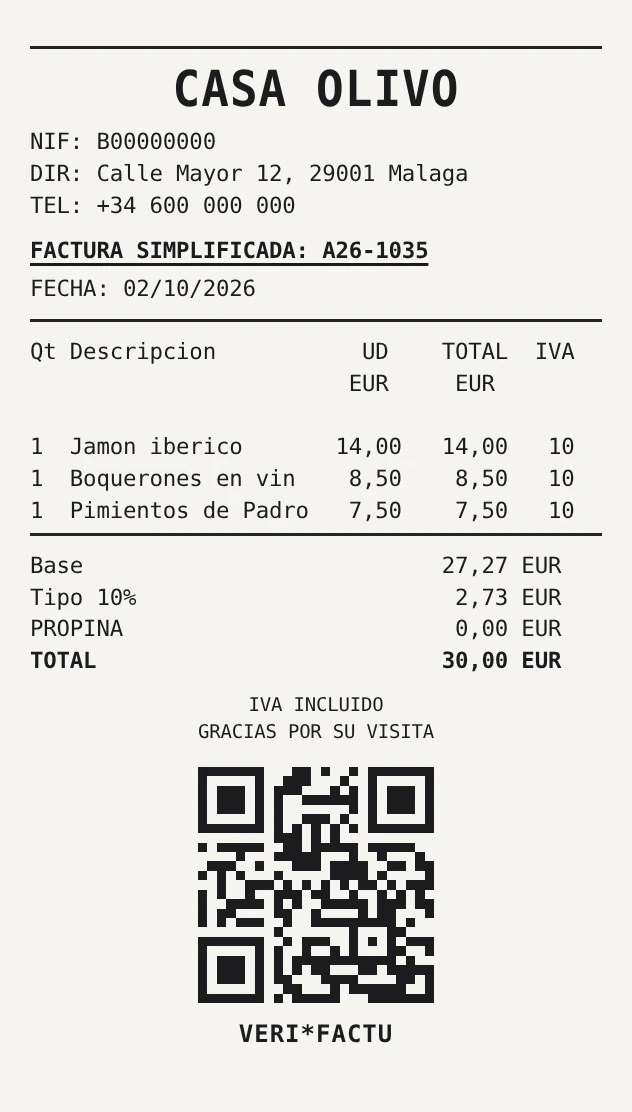 Tiquet de Casa Olivo amb les seves dades fiscals, el número de factura simplificada, l’IVA desglossat i el QR de VeriFactu al peu.